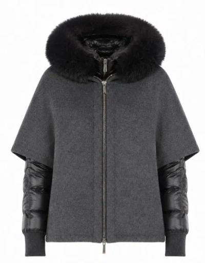 Moorer Short Cape In Dark Gray Cashmere Wool With Detachable Goose Down Jacket In Gray