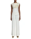 DKNY SLEEVELESS FOILED LACE PANELED TOP, GESSO/GOLD