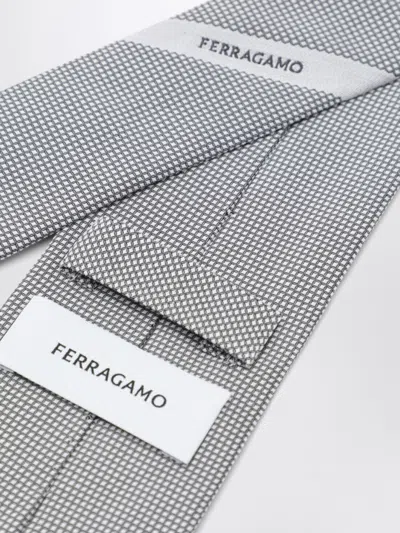 Ferragamo Pearl Grey Silk Tie With Micro-check Pattern In Gold