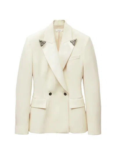 Versace Stretch Wool Blazer With Embroidered Lapels In White