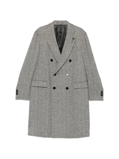 Lardini Double-breasted Coat With Herringbone Pattern In Brown