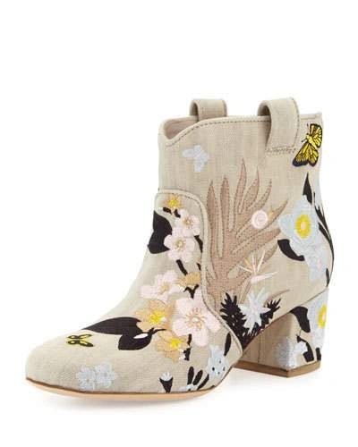 Laurence Dacade Belen Embroidered Western Ankle Boot, Beige/pastel