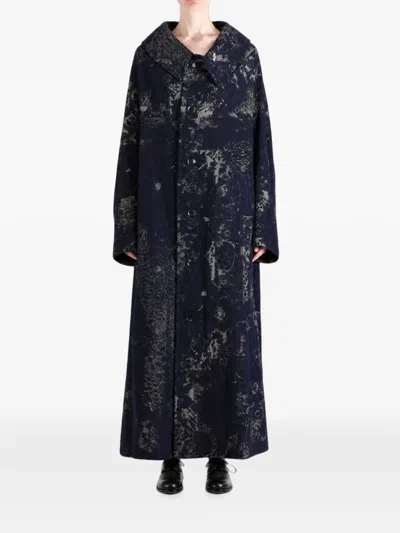 Y's Jacquard-patterned Single-breasted Coat In Blue