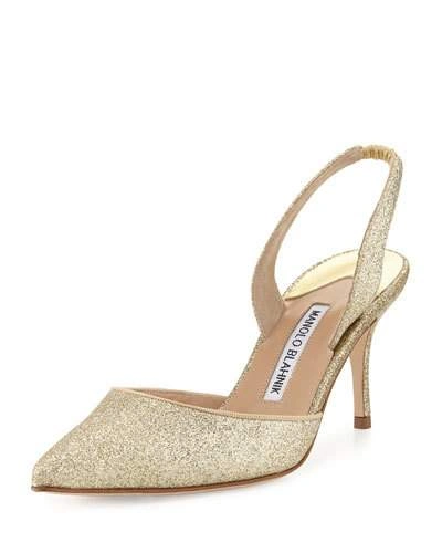 Manolo Blahnik Carolyne Glitter Mid-heel Halter Pump In Gold