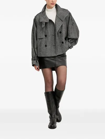 Gestuz Herringbone-pattern Double-breasted Coat In Gray