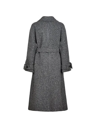 Weekend Max Mara Chevron-pattern Belted Coat In Gray