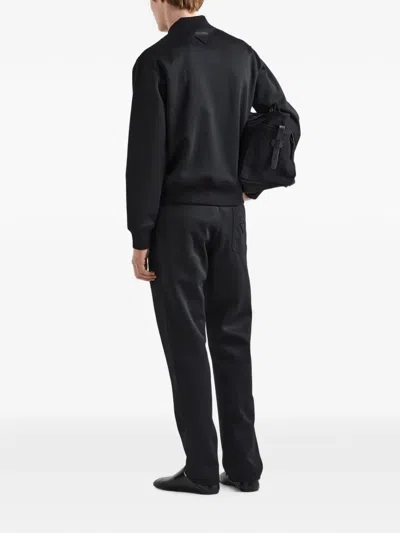 Prada Stretch Polyester Bomber Jacket Front Pockets In Black