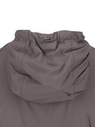 Herno Technical Fabric Hooded Jacket With Adjustable Drawstrings In Brown