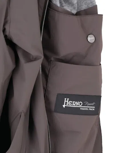 Herno Technical Fabric Hooded Jacket With Adjustable Drawstrings In Brown