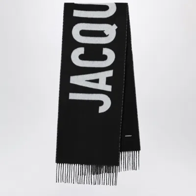 Jacquemus Black Bold White Lettering Twisted Fringe Scarf In Black