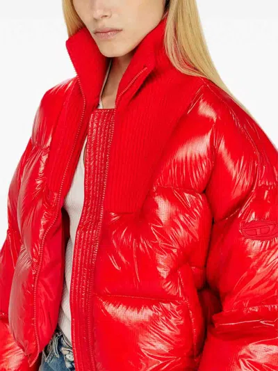 Diesel Down Puffer Jacket In Ripstop With Knitted Collar In Red