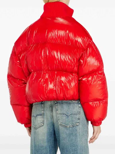 Diesel Down Puffer Jacket In Ripstop With Knitted Collar In Red