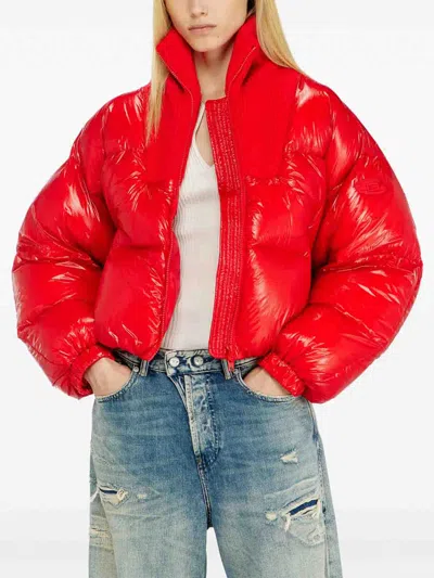Diesel Down Puffer Jacket In Ripstop With Knitted Collar In Red