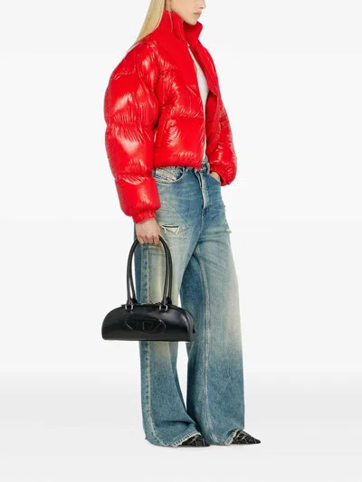 Diesel Down Puffer Jacket In Ripstop With Knitted Collar In Red