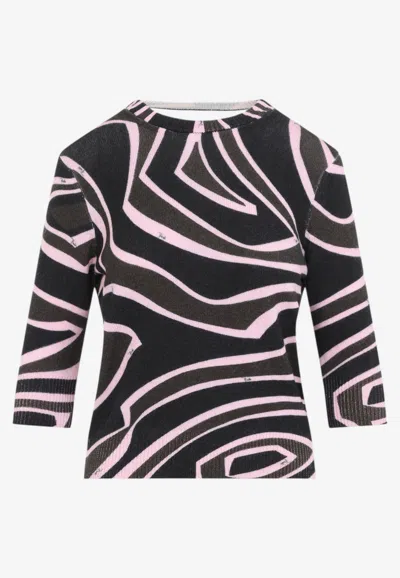 Pucci Khaki And Pink Labirinto-print Wool Knit Cut-out Top In Multi