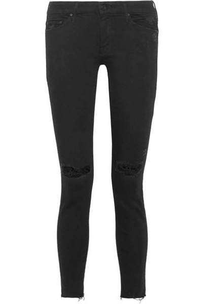 Shop Mother Looker Distressed Mid-rise Skinny Jeans In Black