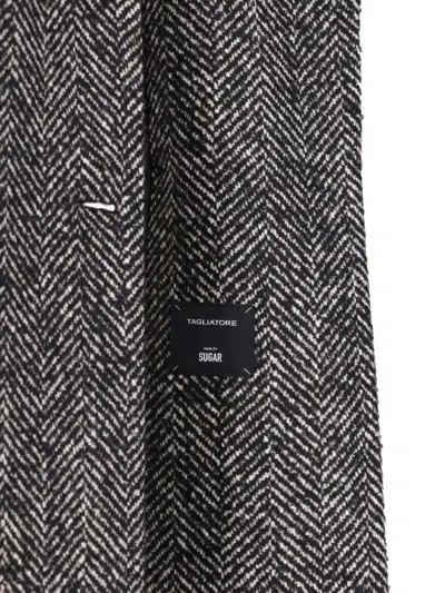 Tagliatore Herringbone-pattern Double-breasted Coat In Black
