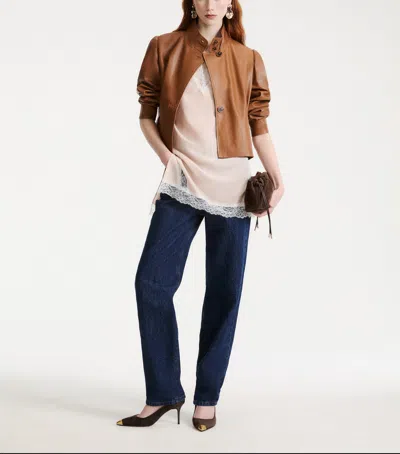 Marella Button-front Leather Jacket In Brown