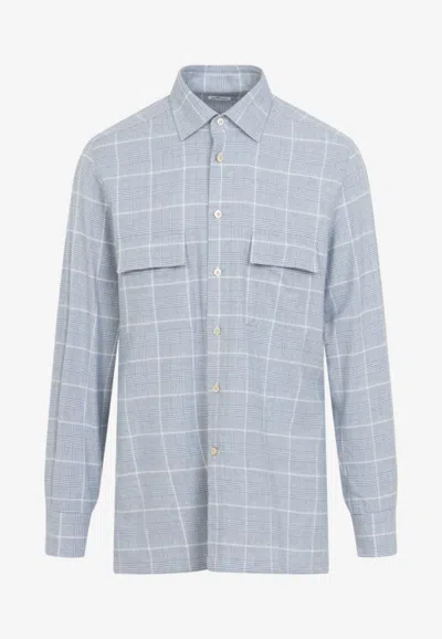 Kiton Check-pattern Flap-pocket Shirt In Blue