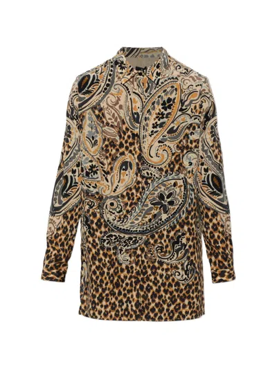 Etro Multicolor Shirt With Classic Collar And All-over Floral Animalier Silk In Brown