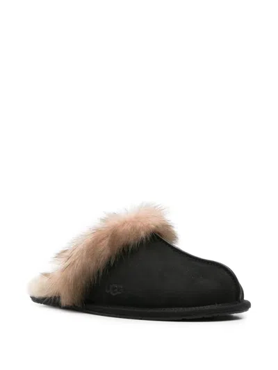 Ugg Leather Fur-lined Round-toe Flat Mules In Black