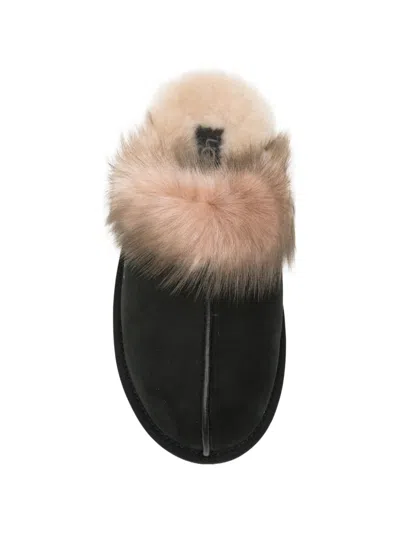 Ugg Leather Fur-lined Round-toe Flat Mules In Black
