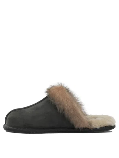 Ugg Leather Fur-lined Round-toe Flat Mules In Black