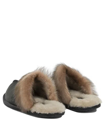 Ugg Leather Fur-lined Round-toe Flat Mules In Black