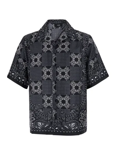 Amiri Silk Bowling Shirt With Cuban Collar And All-over Geometric Print In Black