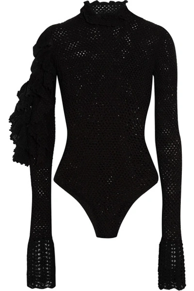 Magda Butrym Boa Ruffled Open-knit Cotton-blend Bodysuit In Black