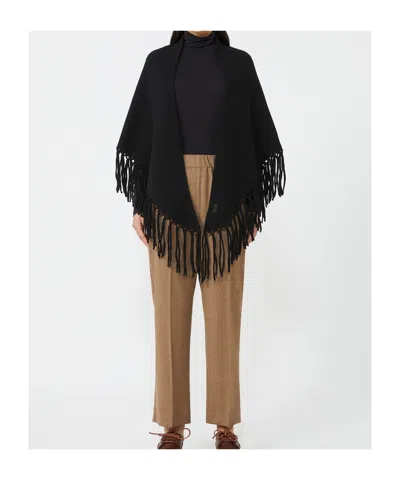 Weekend Max Mara Fringed Triangular Poncho In Black