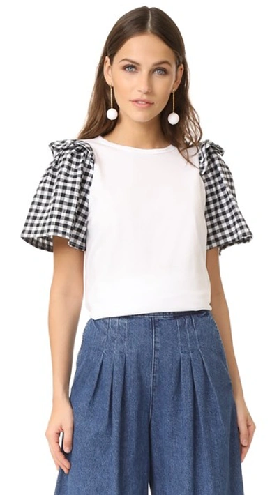 Clu Ruffle Sleeve Mix Media Top In White With Gingham