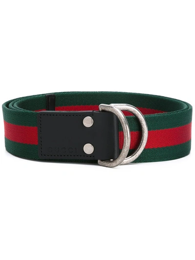 Gucci D-ring Striped Canvas Belt In Green