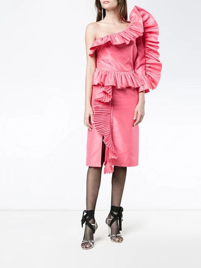 Shop Gucci One Shoulder Ruffled Modern Dress - Pink & Purple
