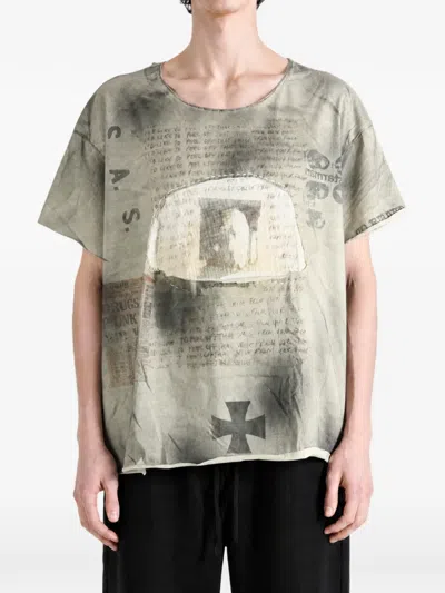 Saitos Patchwork-print Distressed T-shirt In Gray
