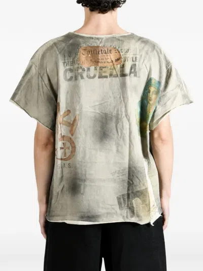 Saitos Patchwork-print Distressed T-shirt In Gray