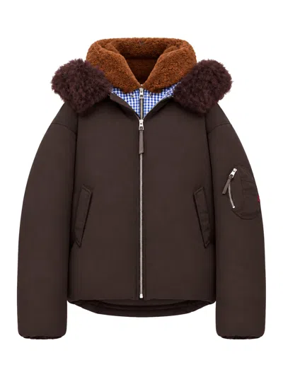 Loewe Technical Coating Bomber Jacket With Double Layer Construction And Checked Back In Brown