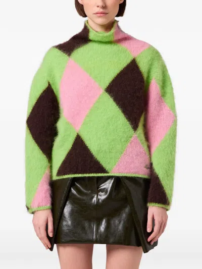 Msgm Argyle-pattern High-neck Sweater In Green