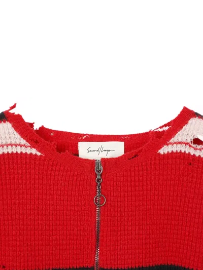 Second / Layer Distressed Striped Cardigan In Red