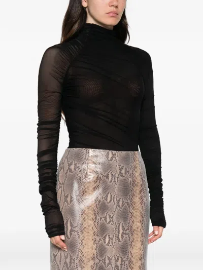 Amazuìn Ruched Semi-sheer T-shirt In Black