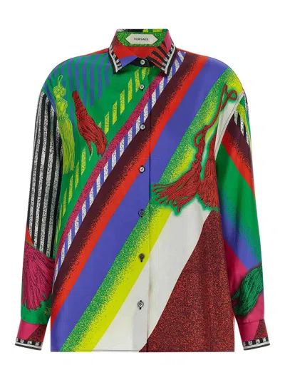 Versace Silk All-over Print Button-front Shirt With Classic Collar In Multi