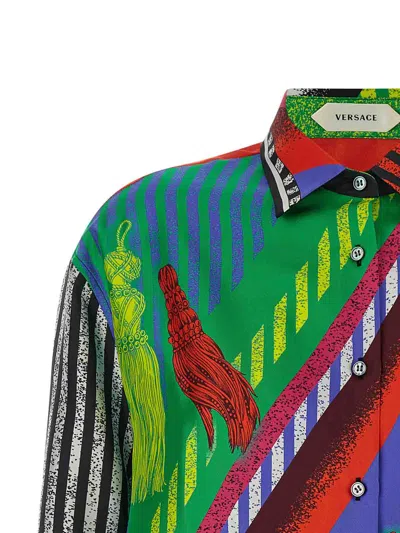 Versace Silk All-over Print Button-front Shirt With Classic Collar In Multi