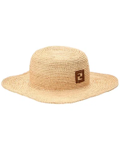 Fendi Logo-patch Raffia Hat In Brown