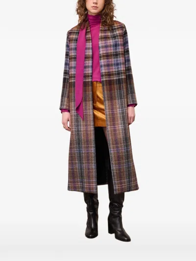 Ottod'ame Check-pattern Belted Coat In Brown
