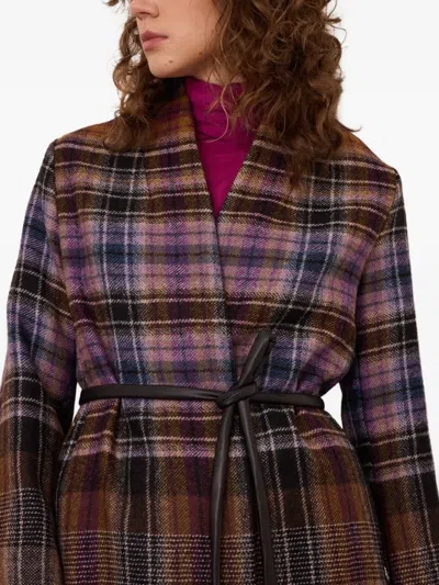 Ottod'ame Check-pattern Belted Coat In Brown