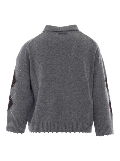 Pinko Argyle-pattern Collared Sweater In Gray