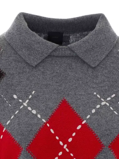 Pinko Argyle-pattern Collared Sweater In Gray