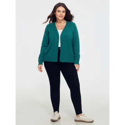 Bloomchic Solid V Neck Open Front Cardigan In Green
