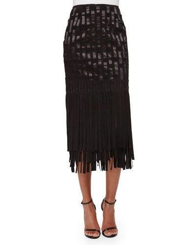 Tamara Mellon Geometric Suede Fringe Skirt, Black