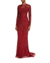 ZUHAIR MURAD LONG-SLEEVE ILLUSION LATTICE GOWN, SCARLET RED